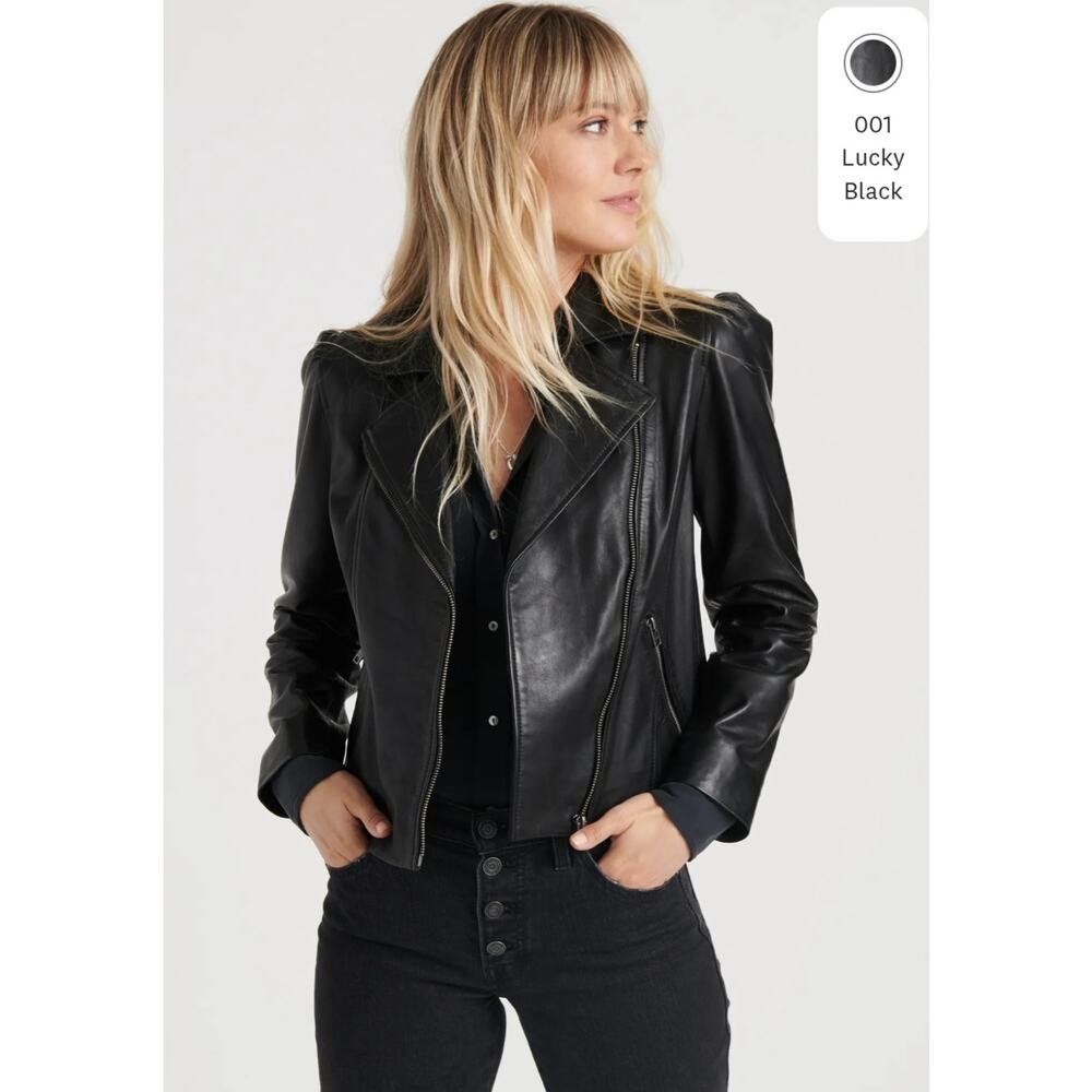Lucky Brand Lambskin Leather Puff Sleeve Moto Jacket Black Medium Quiet Luxury‎ - Picture 6 of 6